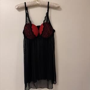 Women’s Daisy Fuentes Nighty Lace Push Up Baby Doll Cami Size M Sheer Black/Red